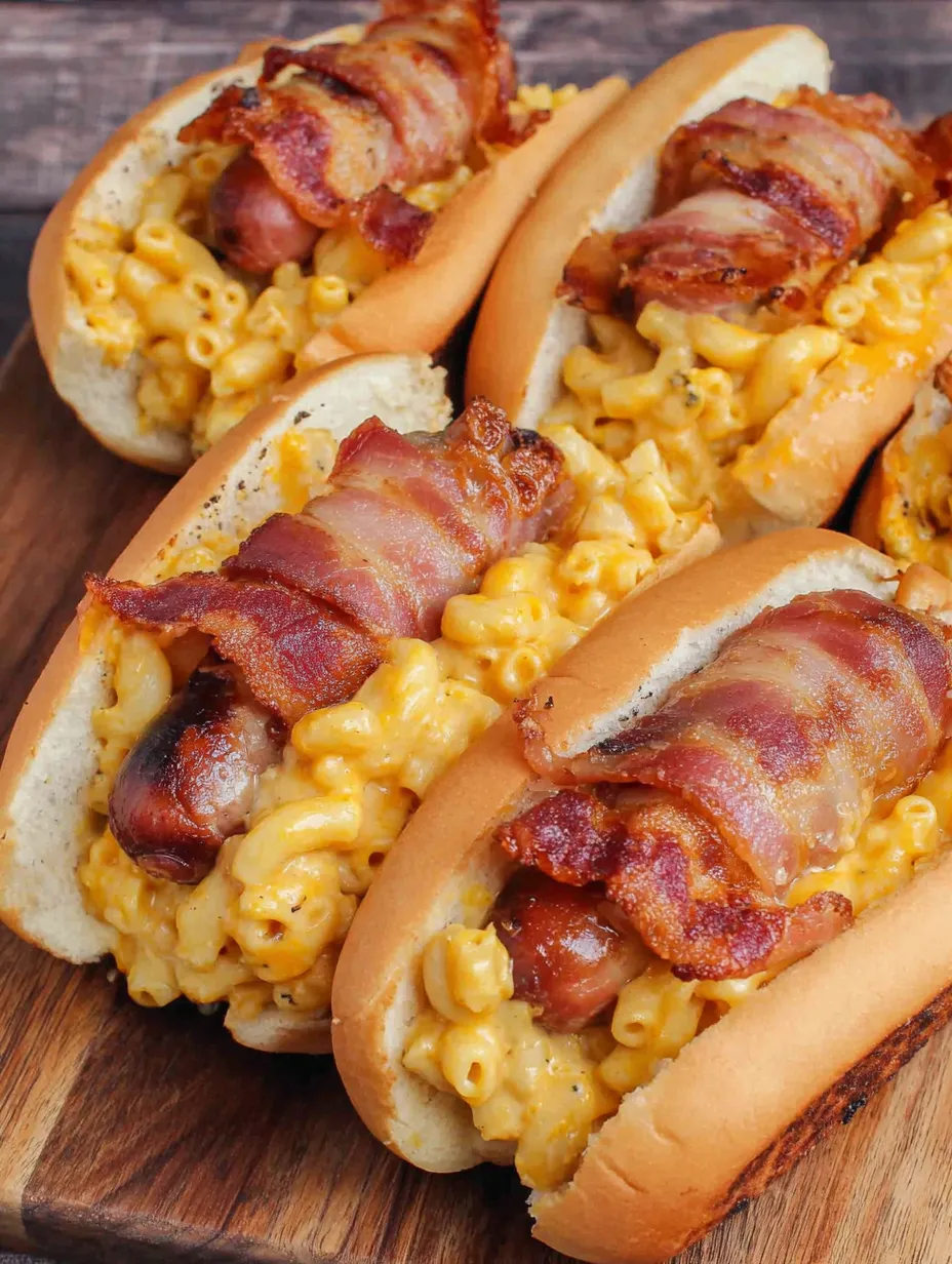 Two bacon wrapped mac and cheese hot dogs.