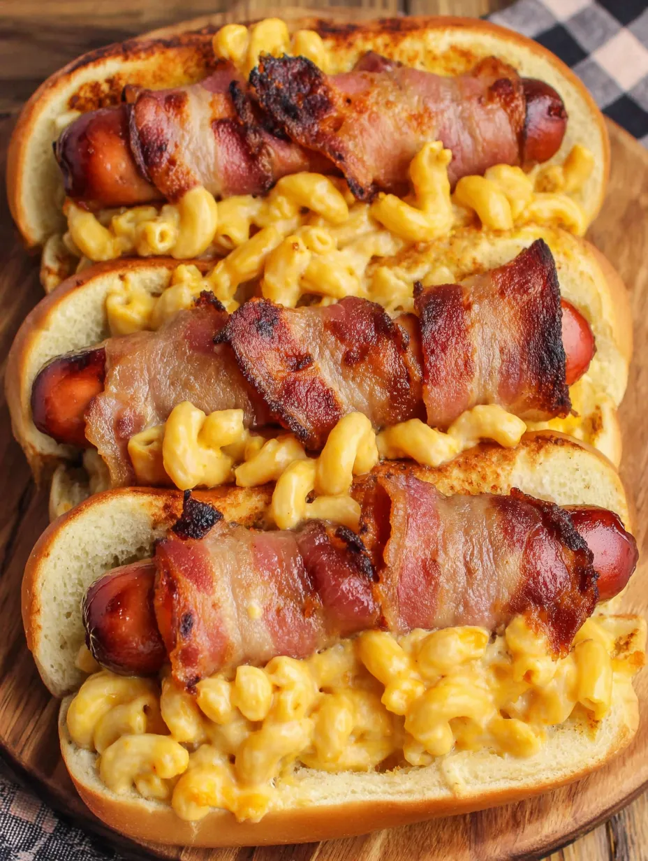 A close up of a hot dog with bacon wrapped around it and mac and cheese on top.