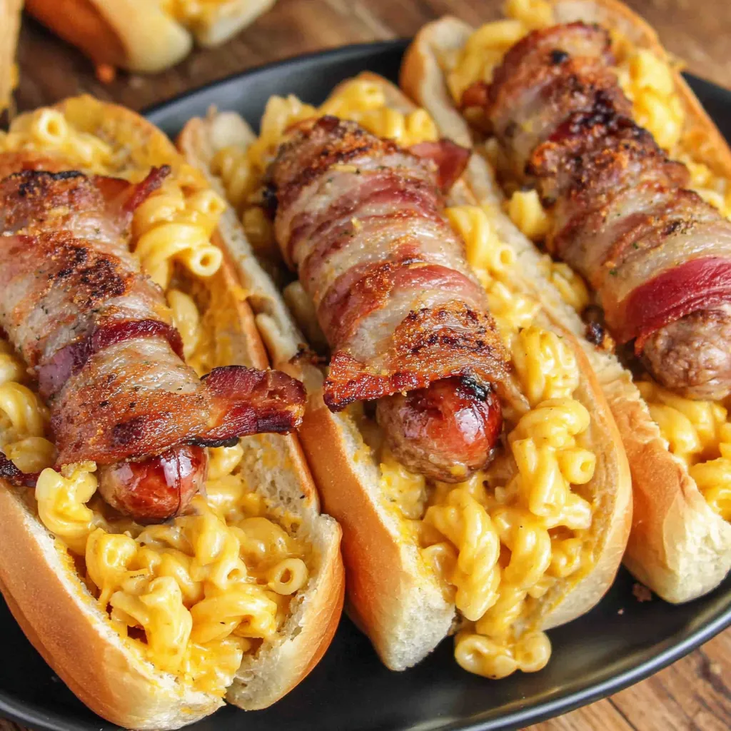 Two bacon wrapped mac and cheese hot dogs.