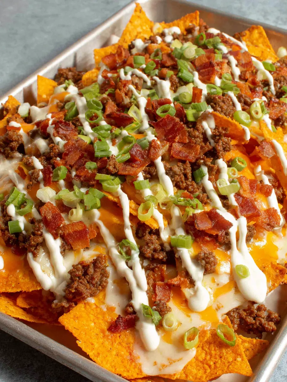 A plate of nachos with beef and bacon toppings.