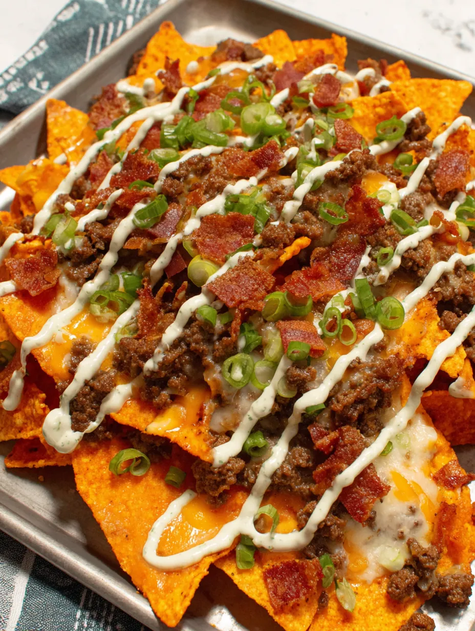 A plate of nachos with beef and bacon toppings.