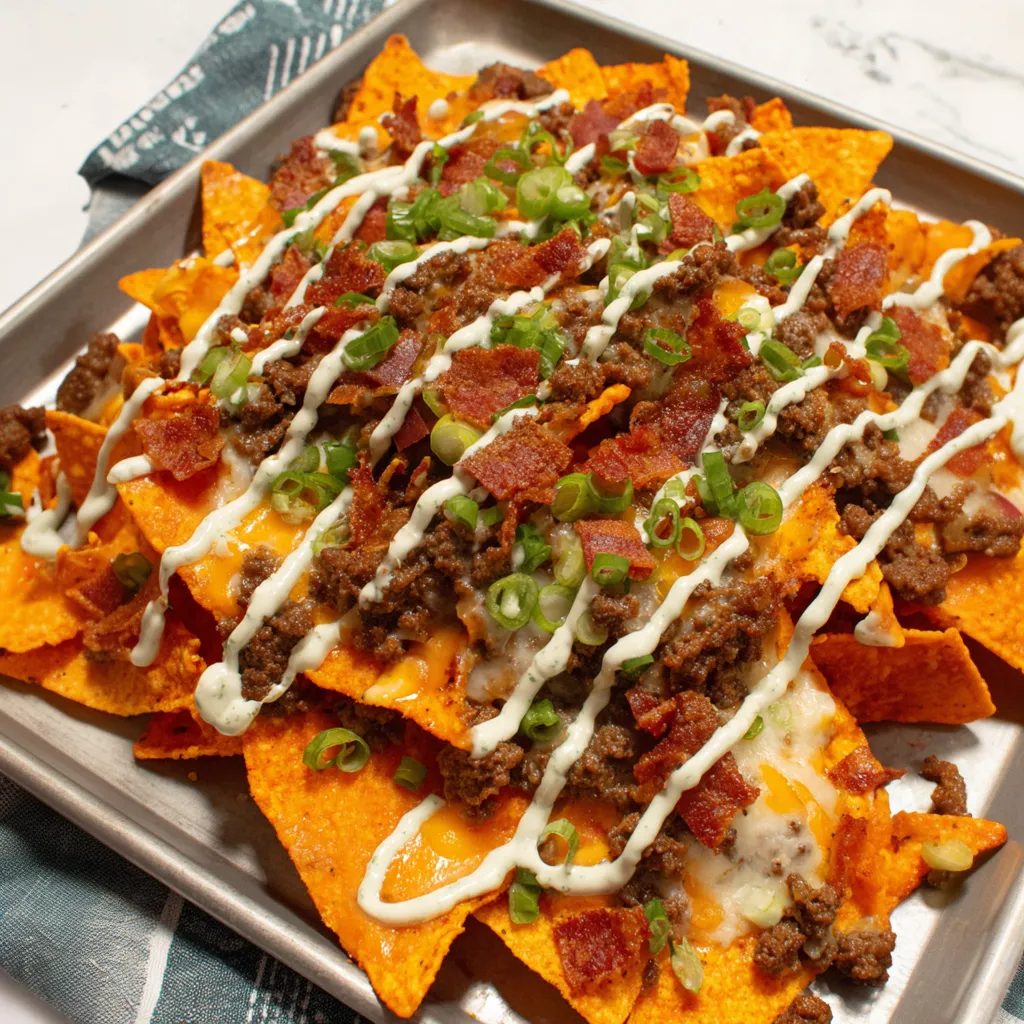 A plate of beef and bacon cream cheese Doritos nachos.