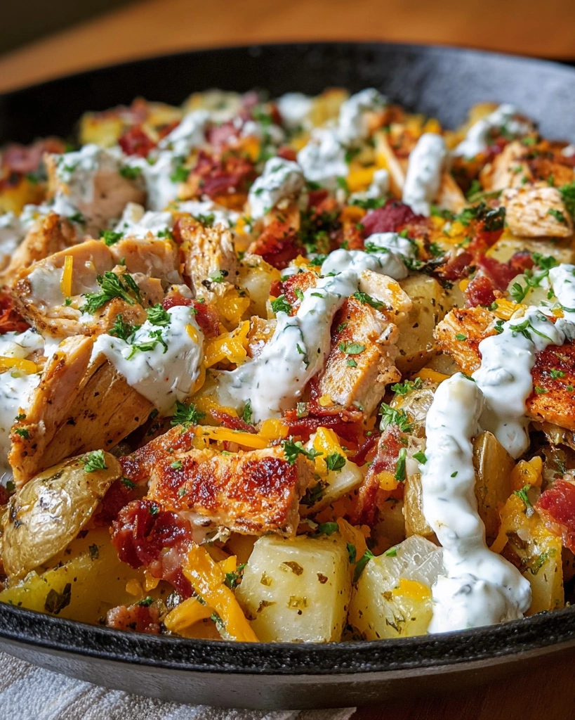 A dish of chicken, turkey, bacon, and Ranch loaded potatoes.