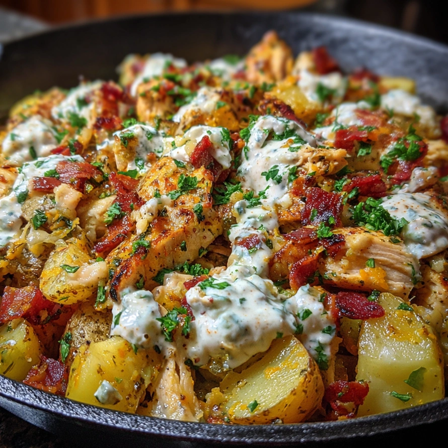 A dish of chicken, turkey bacon, and loaded potatoes.