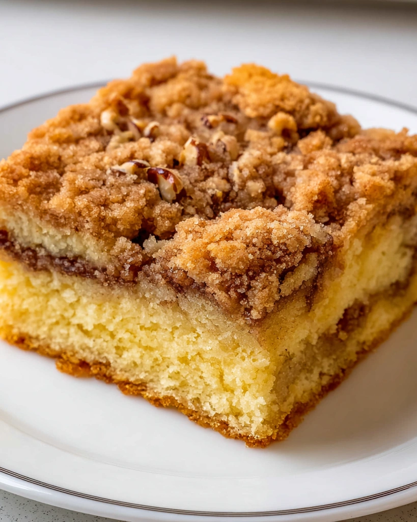 A slice of sour cream coffee cake.
