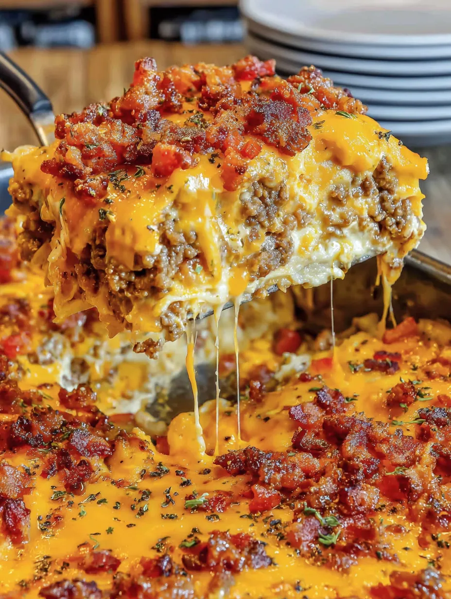 A close up of a cheeseburger lasagna.