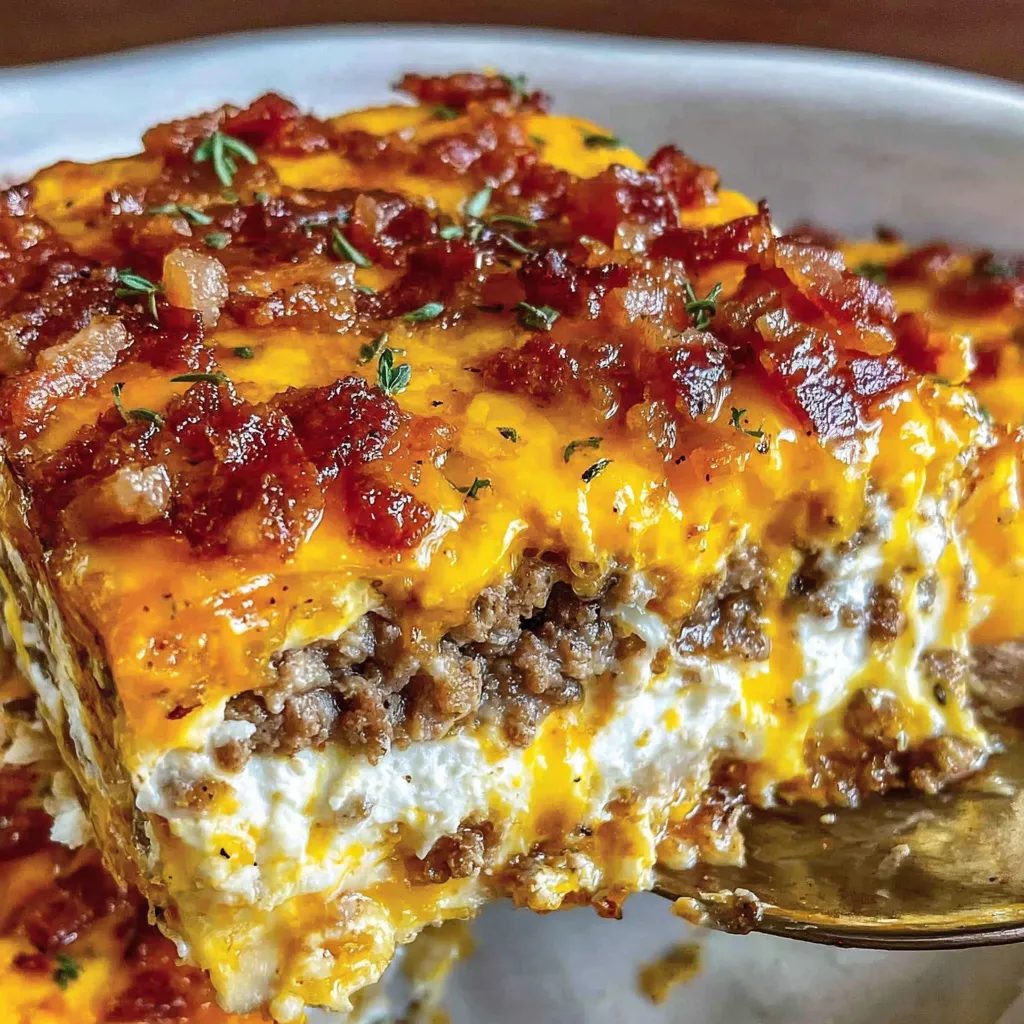 A slice of bacon cheeseburger lasagna.