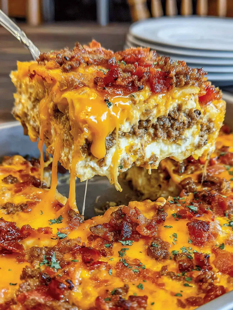 A close up of a bacon cheeseburger lasagna.