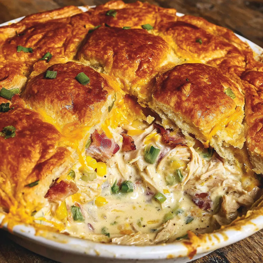 A close up of a pot pie with a crescent roll on top.