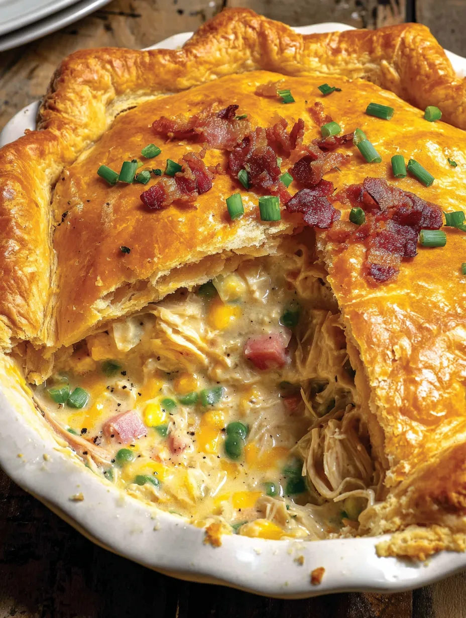 A slice of a chicken pot pie with bacon and corn.