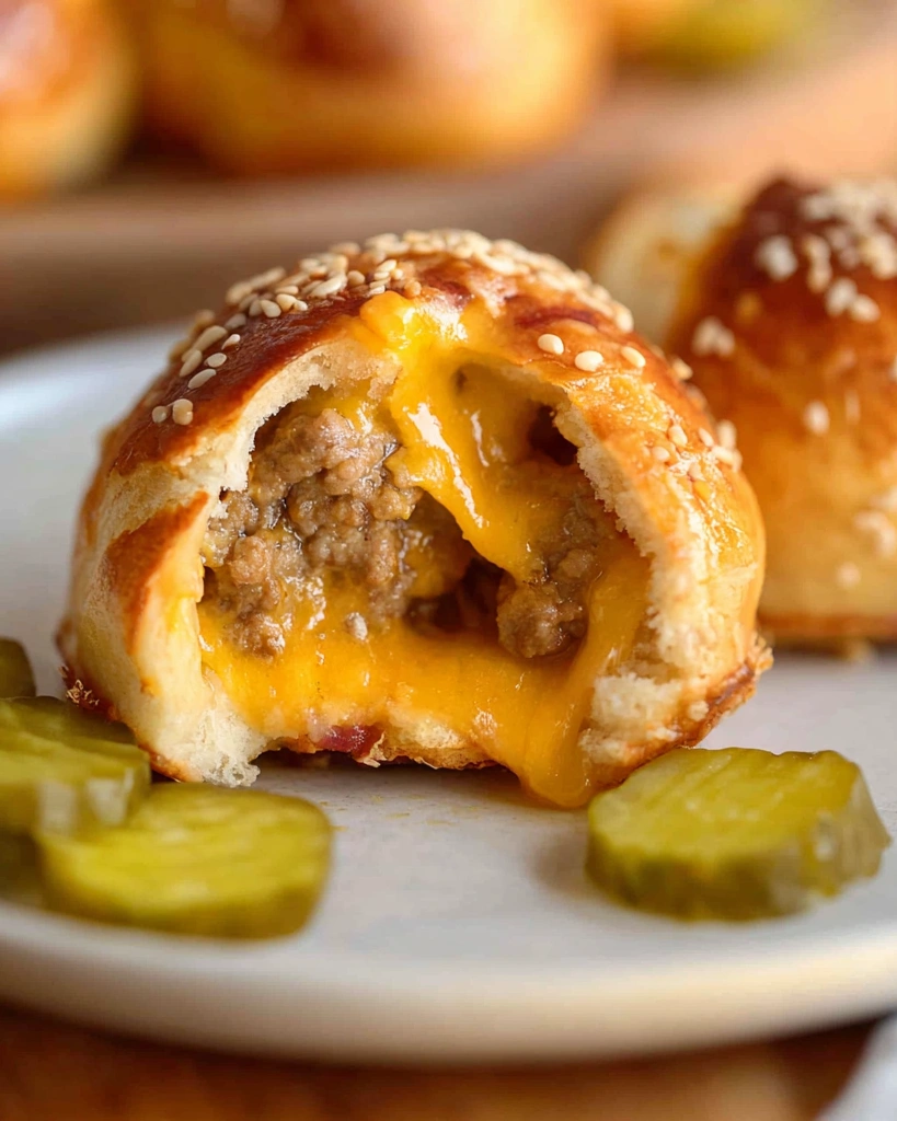A close up of a cheeseburger bun with meat and cheese inside.
