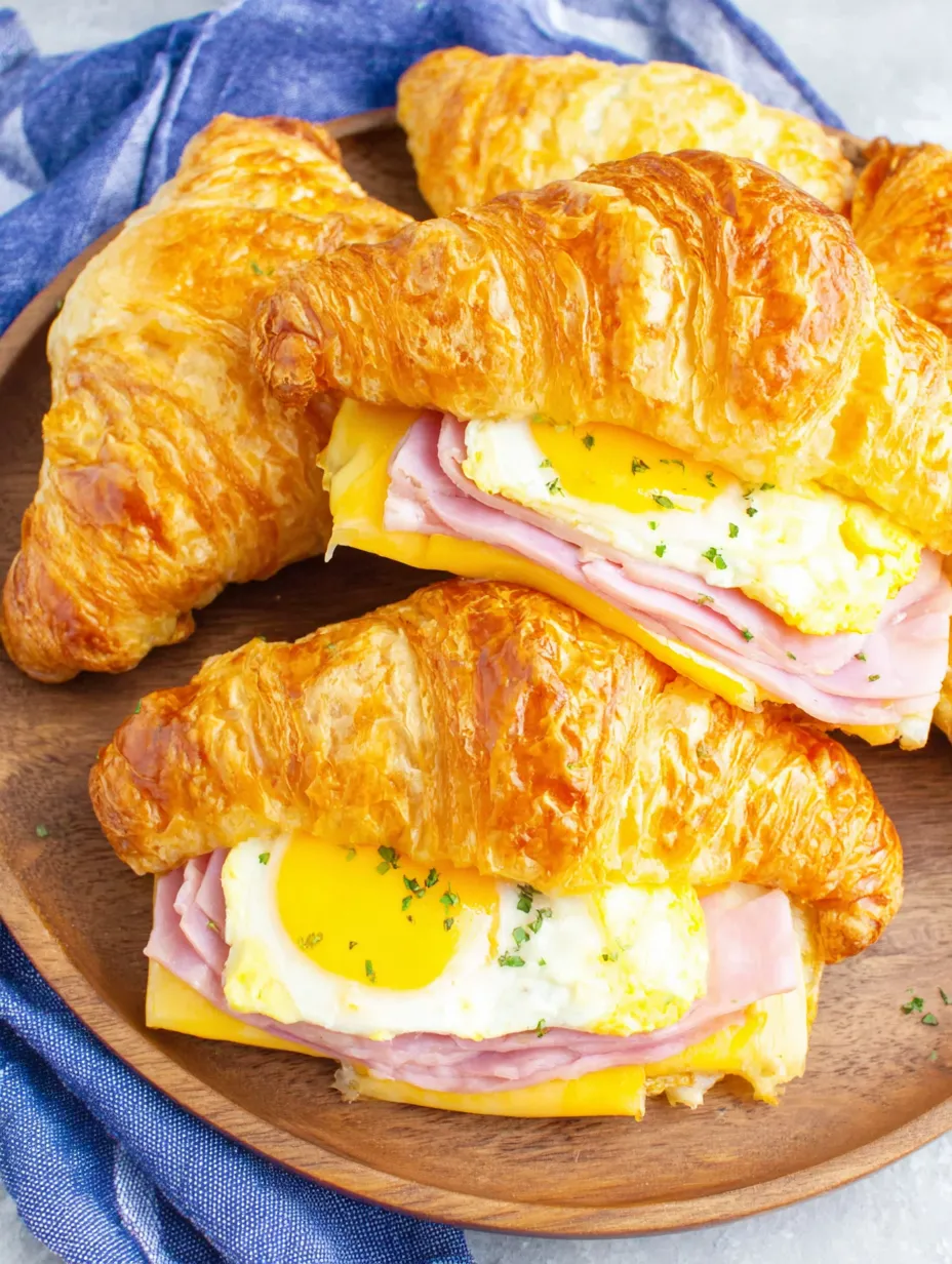 Two croissants with ham, egg, and cheese.