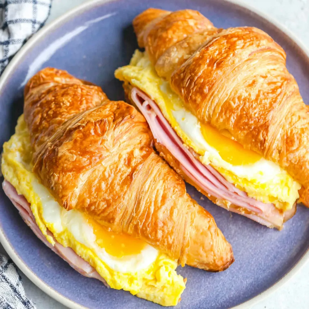 Two croissants with ham, egg, and cheese.
