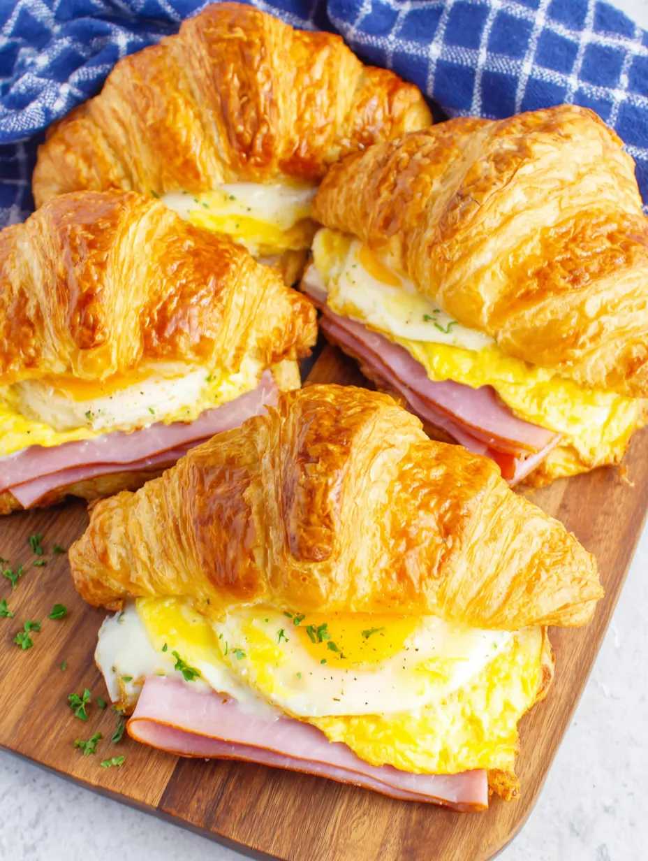 Three croissants with ham, egg, and cheese fillings.