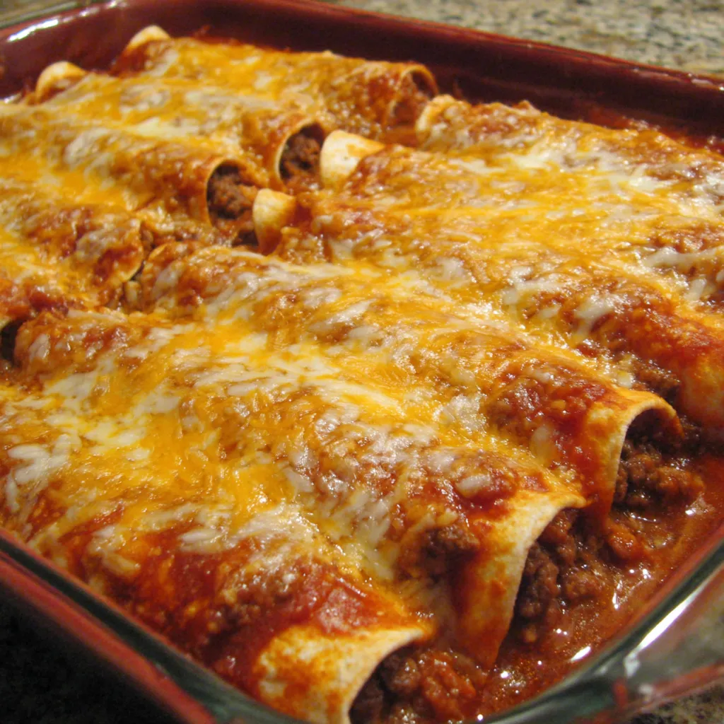 A pan of beef and bean enchiladas.