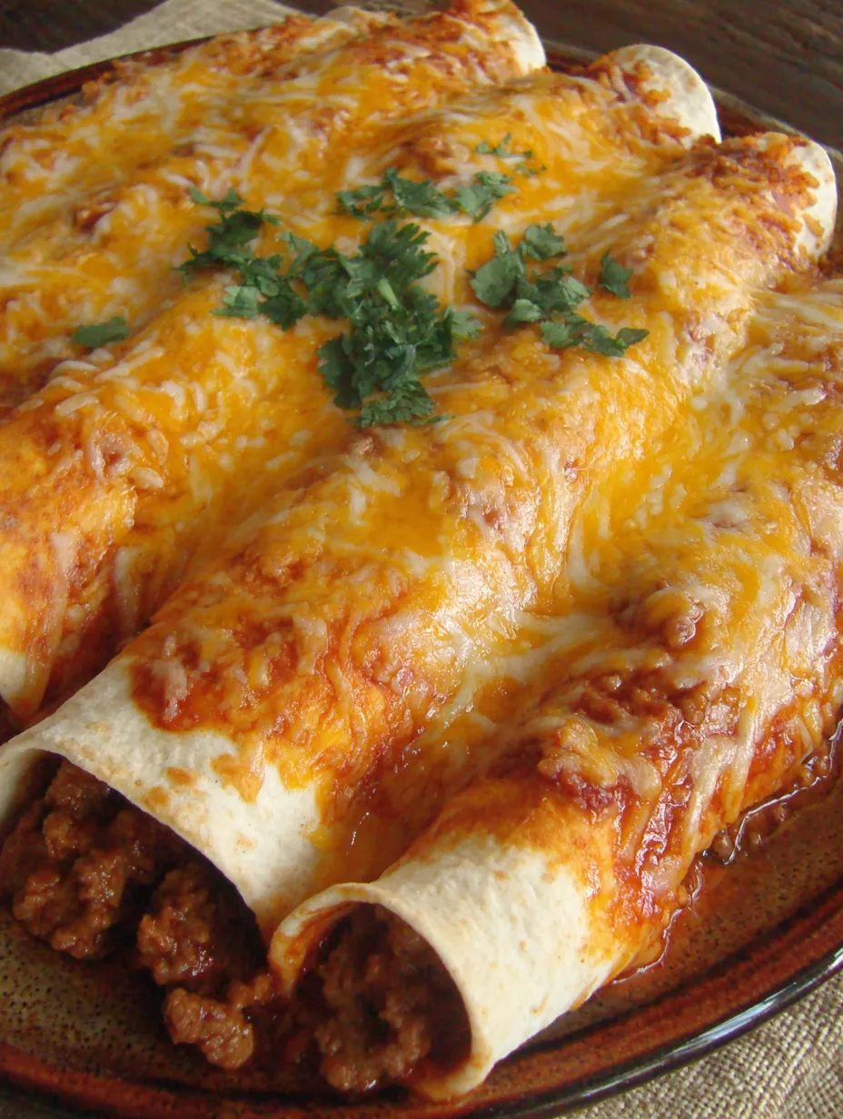 A plate of beef and bean enchiladas.