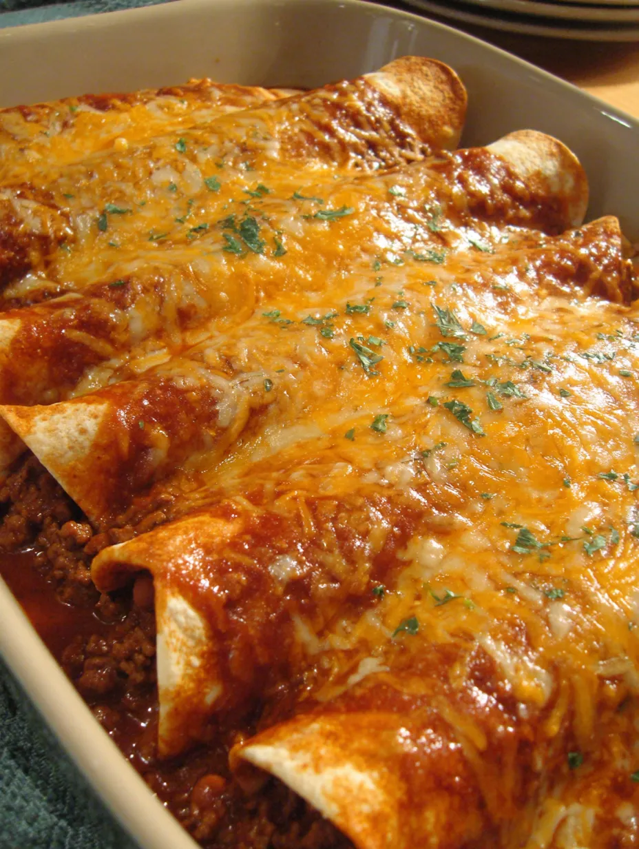 A dish of beef and bean enchiladas.