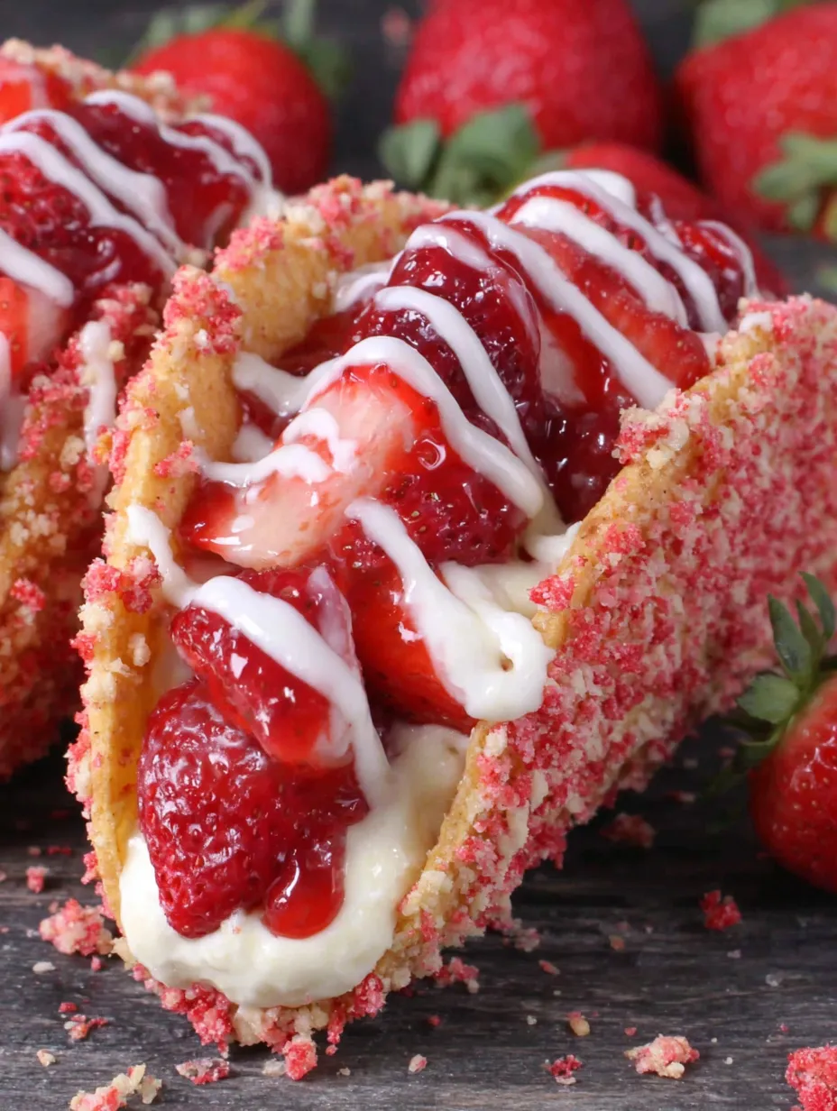A close up of a strawberry crunch cheesecake taco.