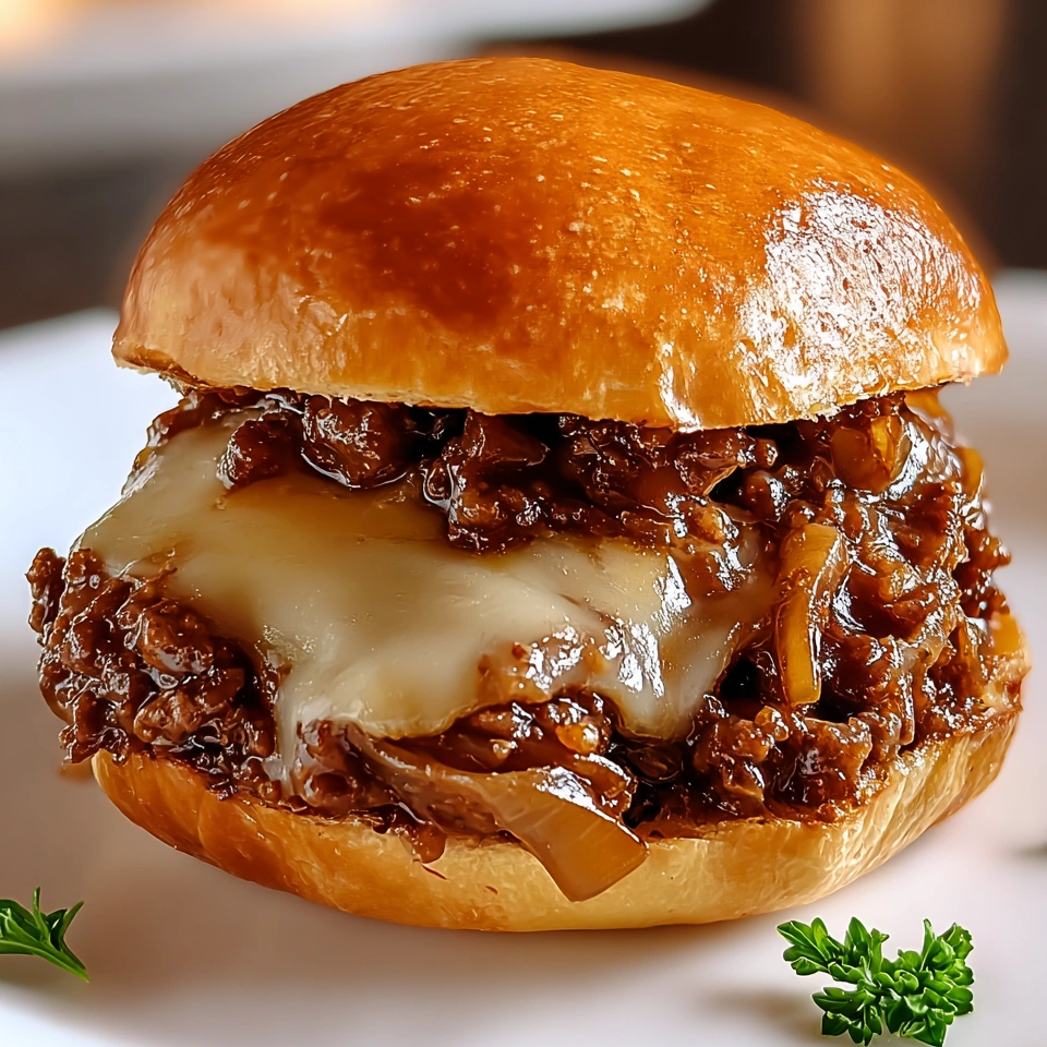 A close up of a sloppy joe sandwich with onions.