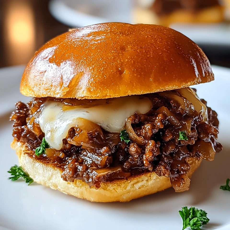 A close up of a French Onion Beef Sloppy Joes sandwich.