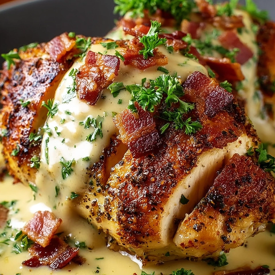 A piece of chicken with bacon on top and a creamy honey mustard sauce.