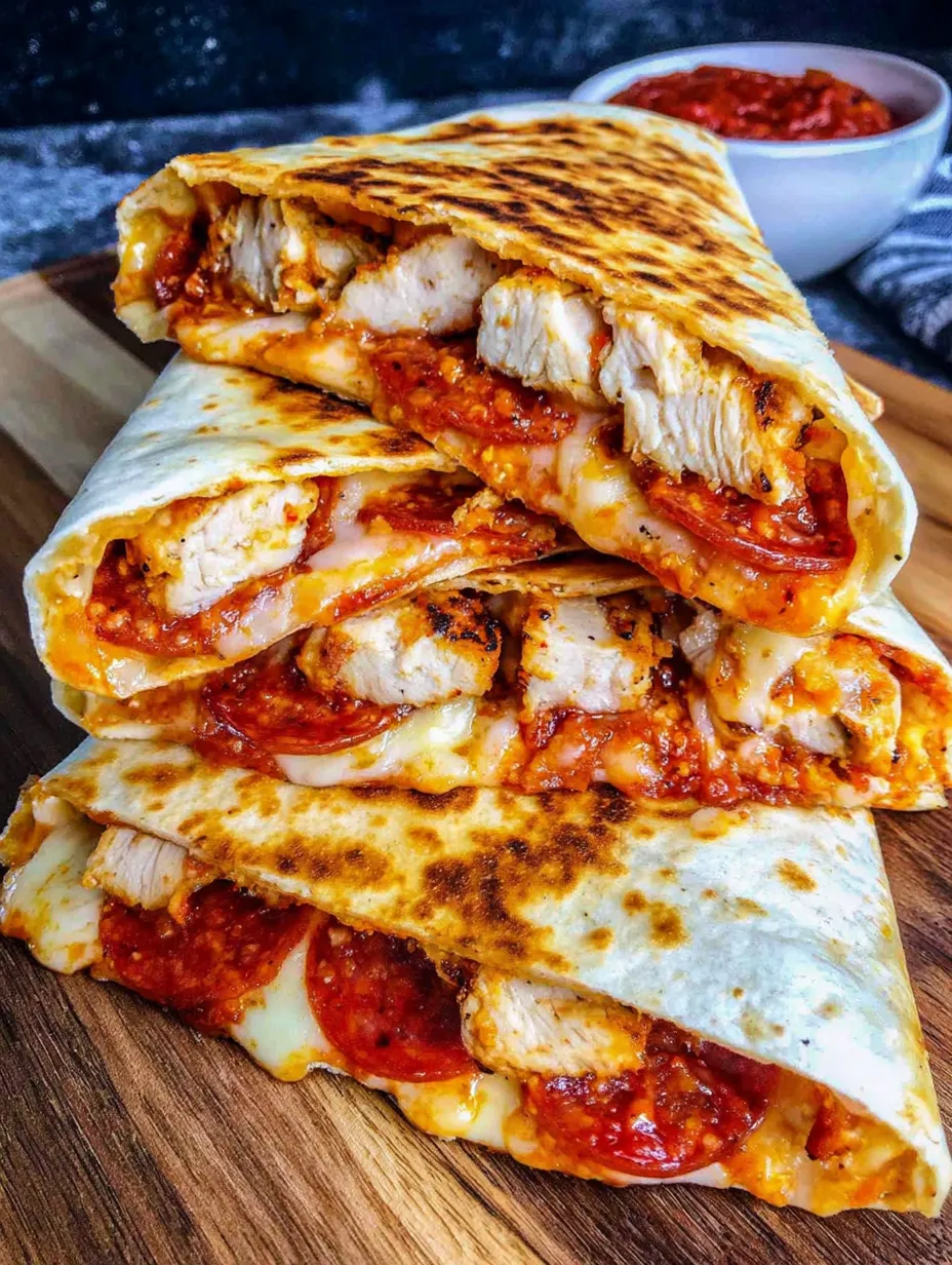 A stack of chicken and pepperoni pizza melts.