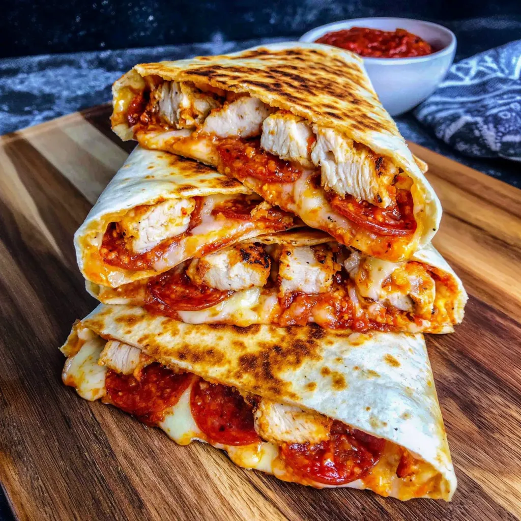 A stack of chicken and pepperoni pizza melts.