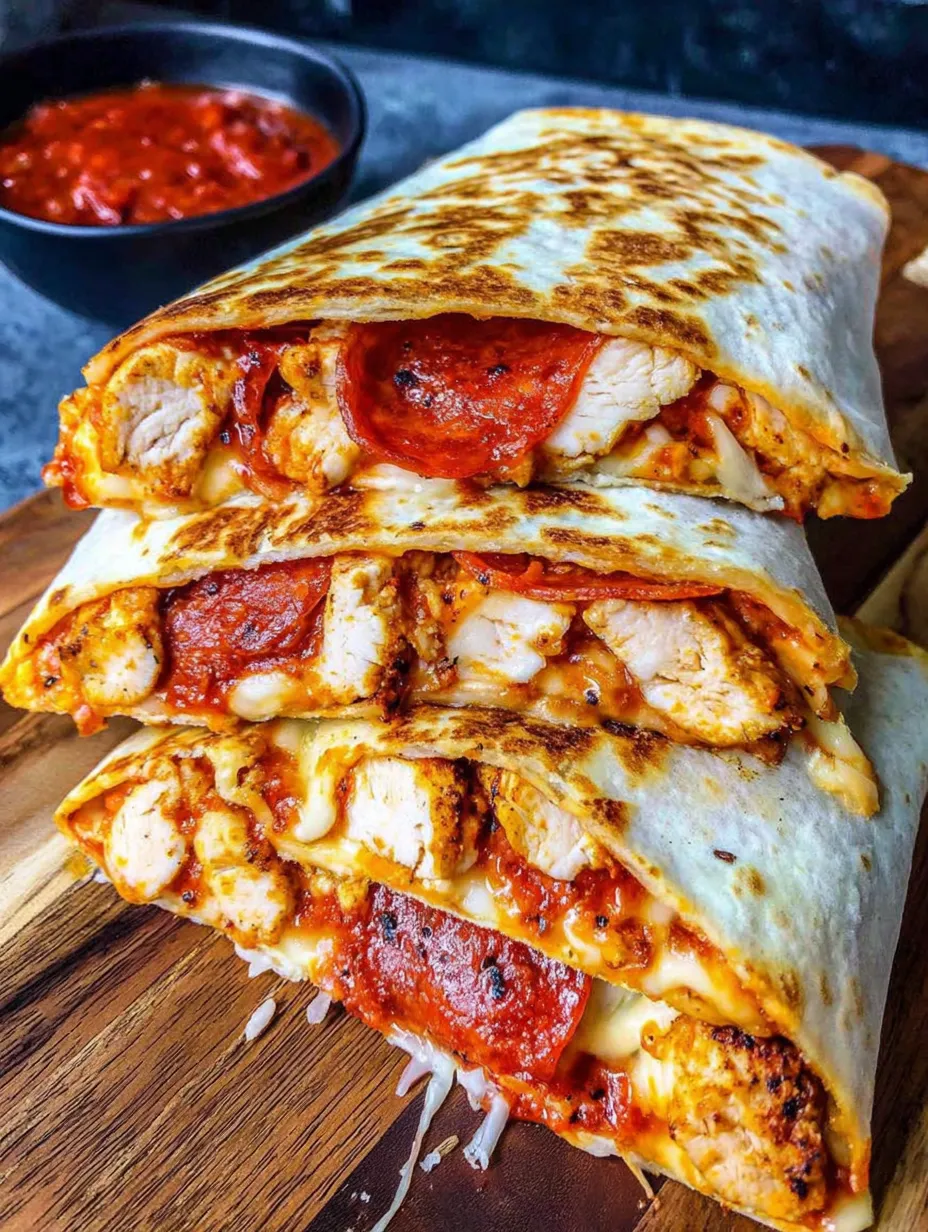 A chicken and pepperoni pizza melt on a wooden cutting board.