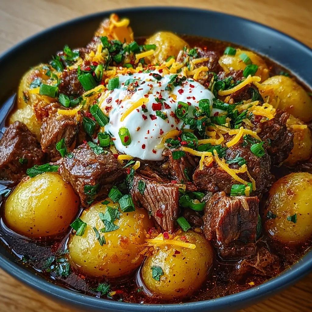 A bowl of steak and potatoes.