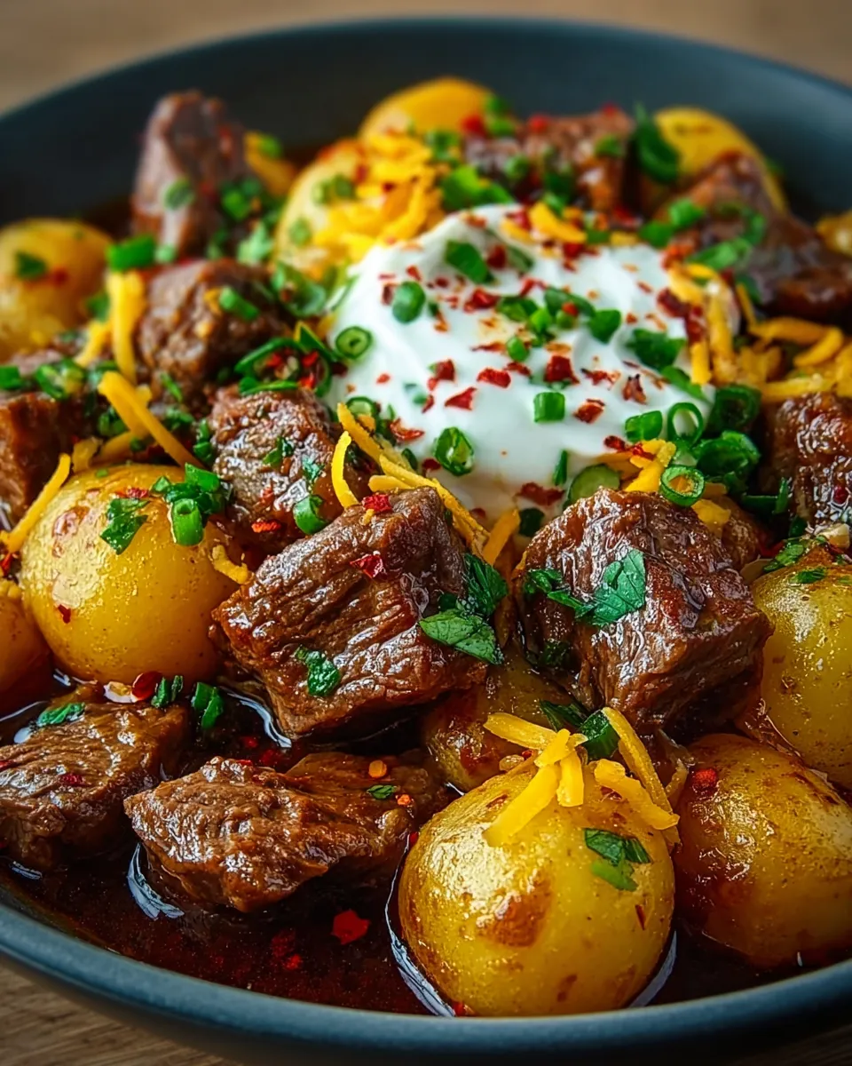 A close up of a delicious steak and potato bake.