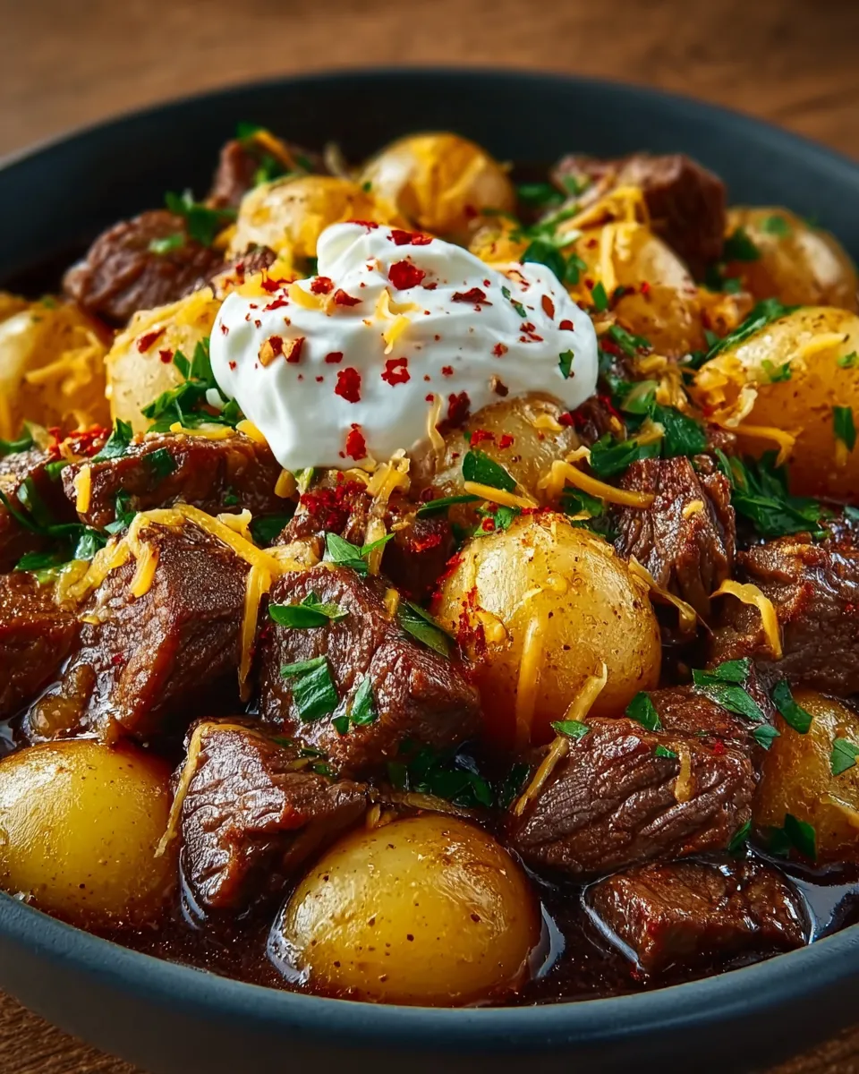 A close up of a delicious steak and potato bake.