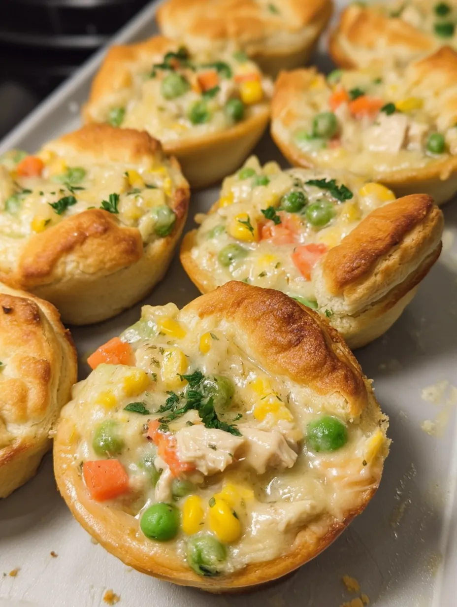 Mini chicken pot pies on a tray.