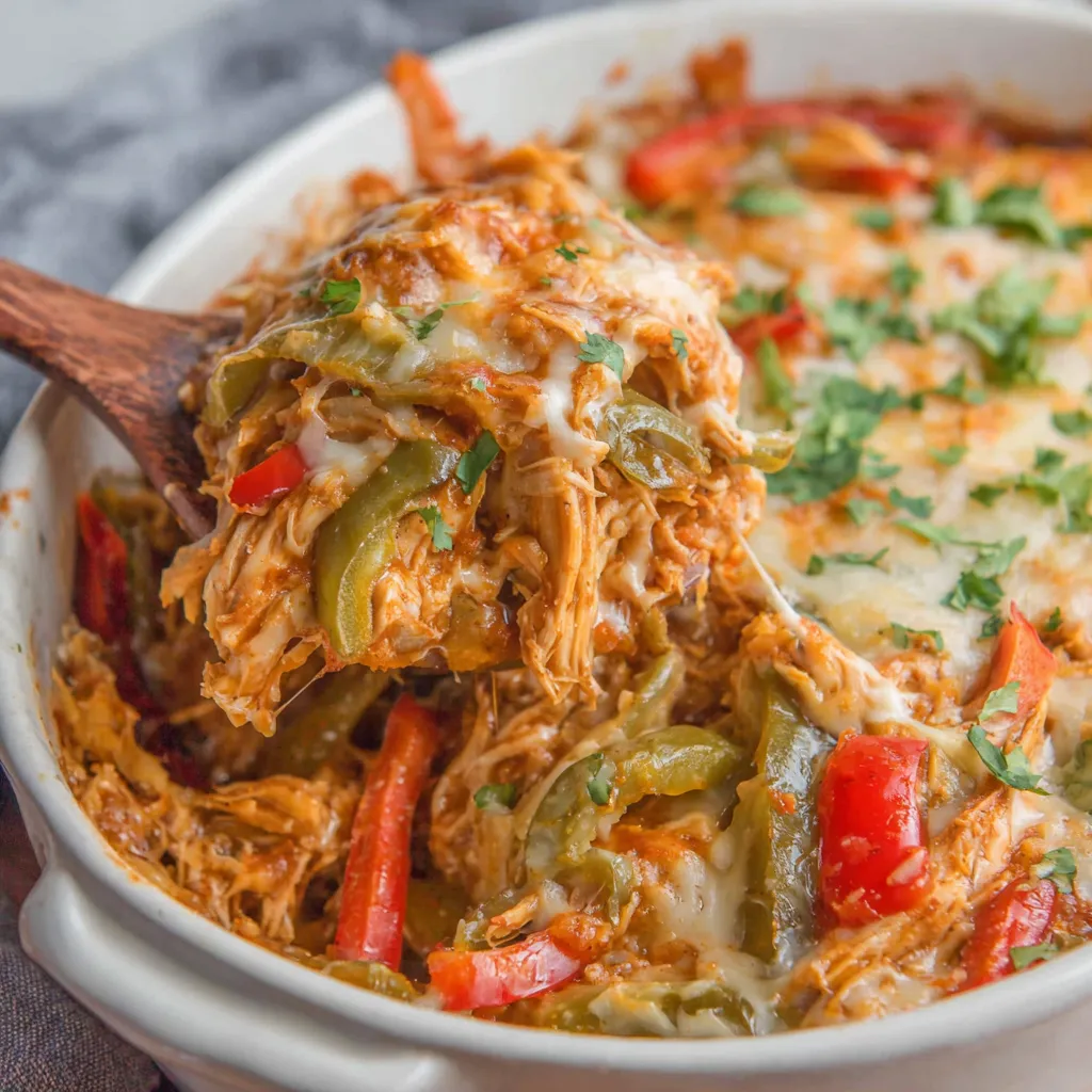 A white bowl filled with chicken fajita casserole.