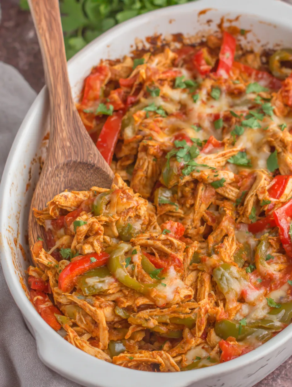 A bowl of chicken fajita casserole with peppers and onions.