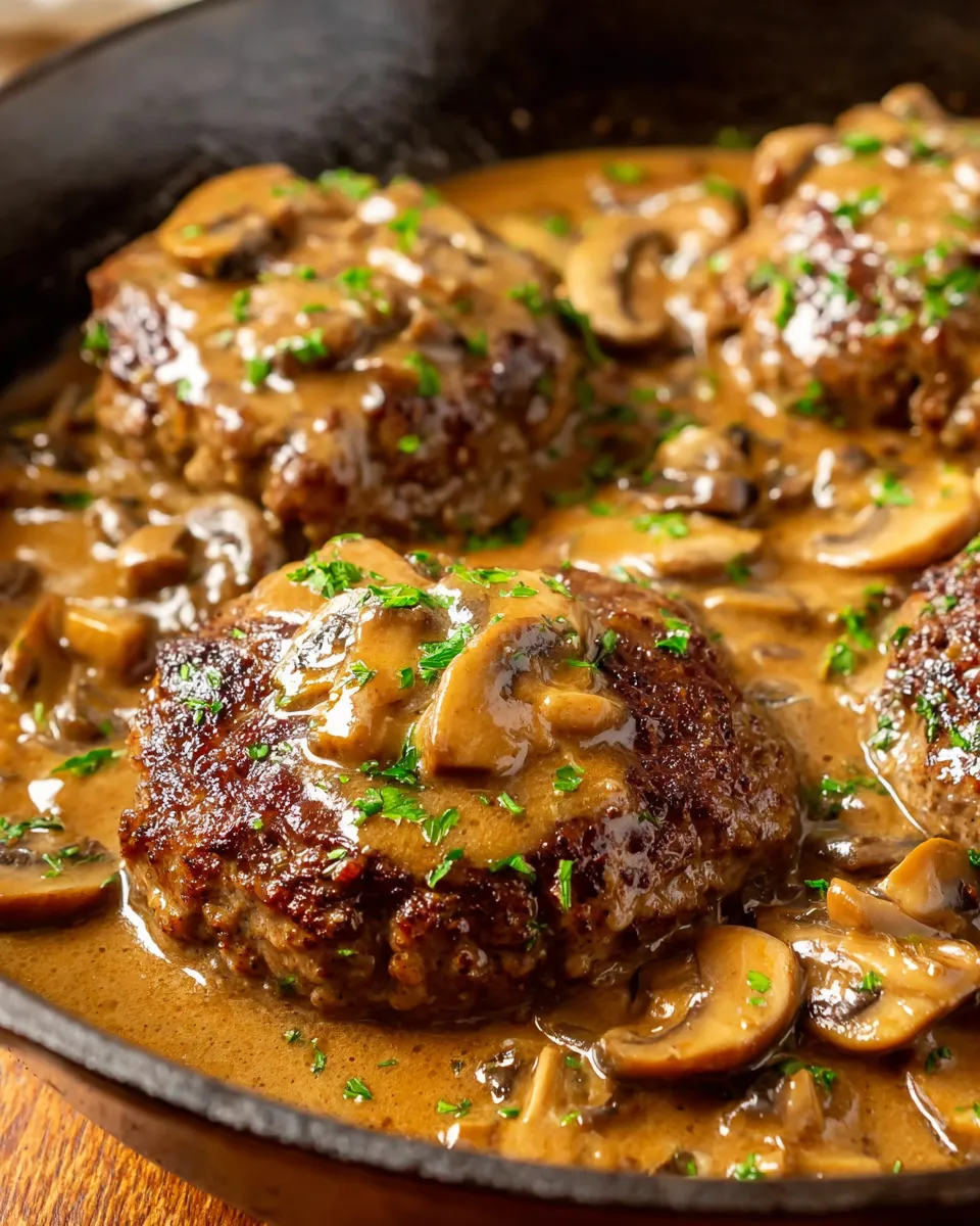 Hamburger steaks smothered in a rich sauce.