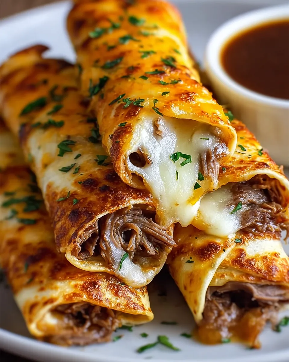 French dip tortilla roll ups with cheese.