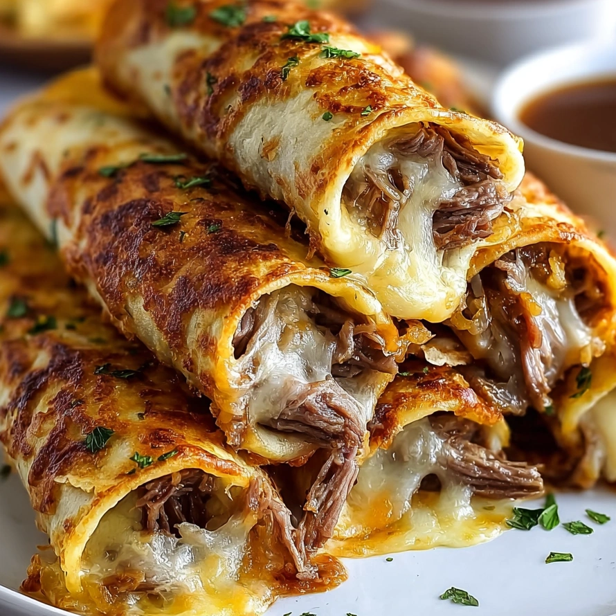 French dip tortilla roll ups on a plate.