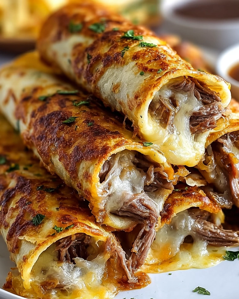 French dip tortilla roll ups with cheese and meat.