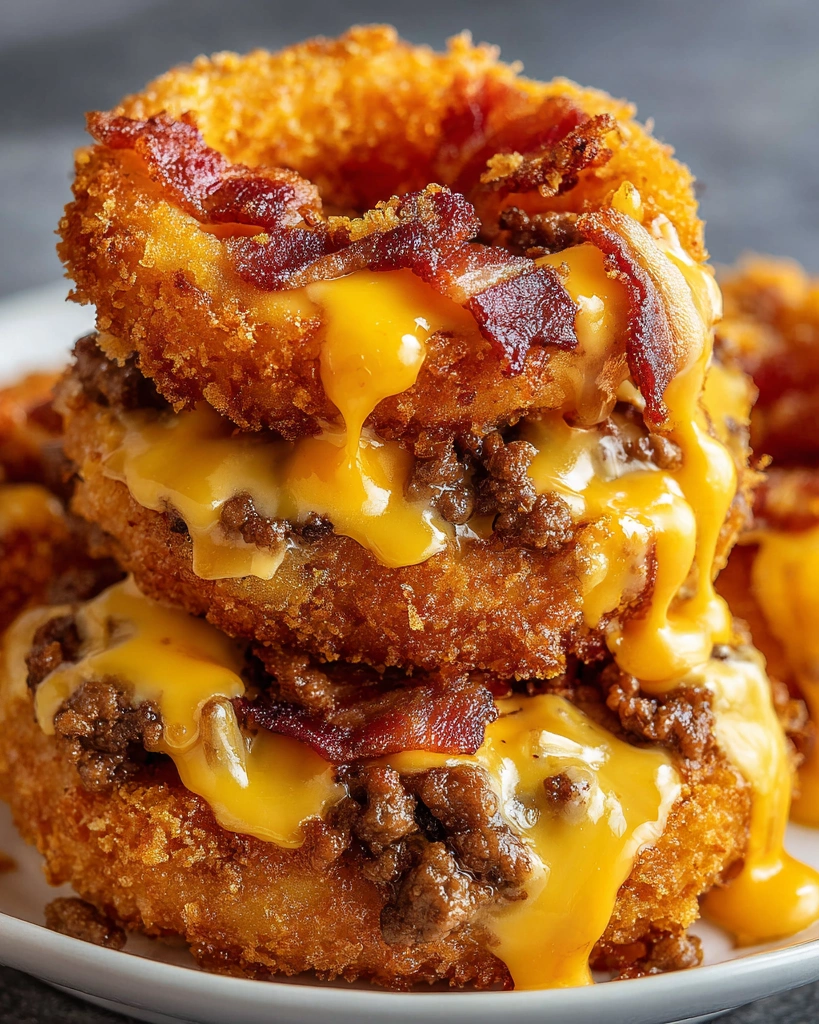 A stack of bacon cheeseburgers with onion rings on top.