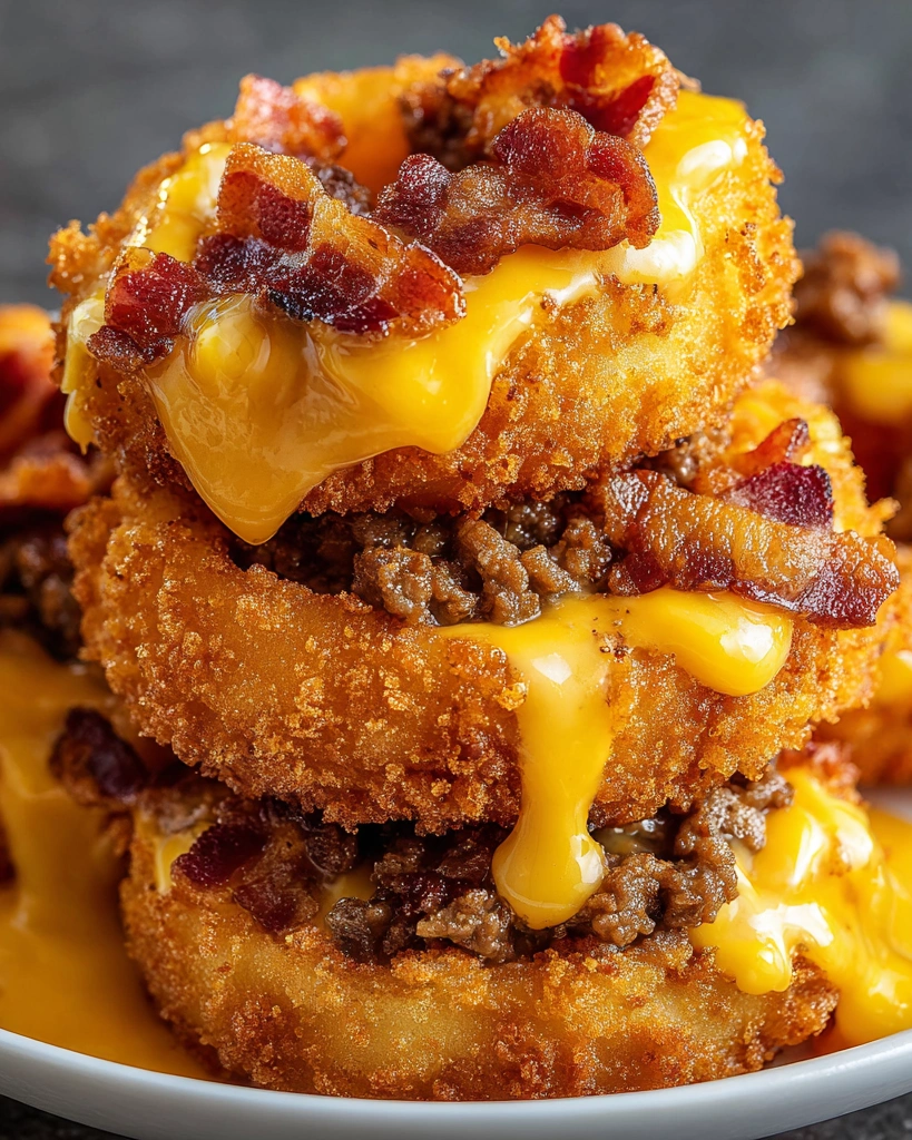A stack of onion rings with cheese and bacon.