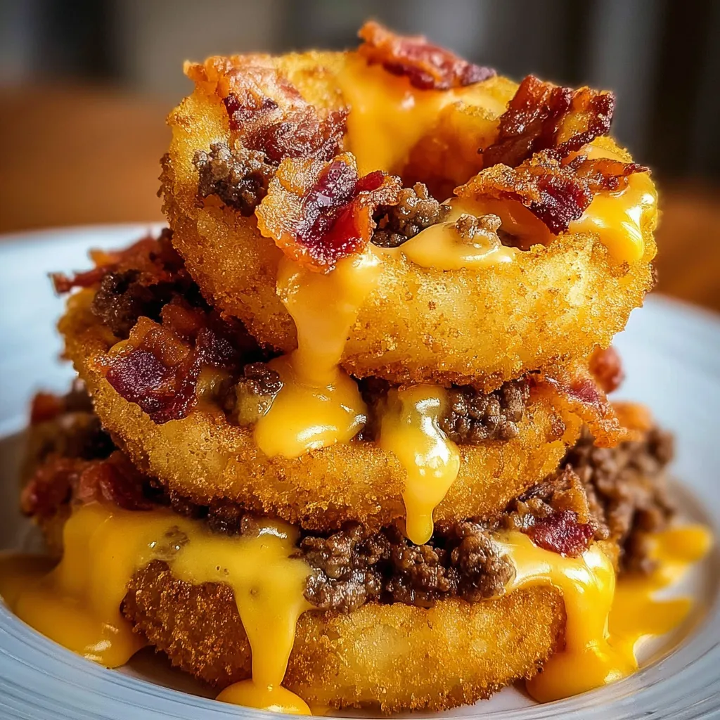 A stack of bacon cheeseburgers and onion rings.