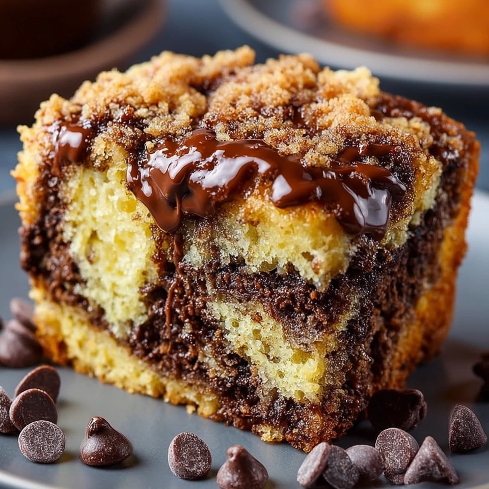 A slice of chocolate chip coffee cake.