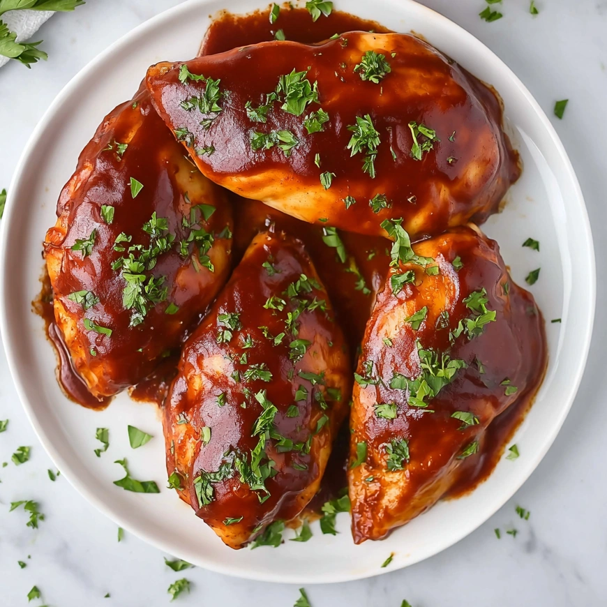 A plate of chicken with a brown sauce.