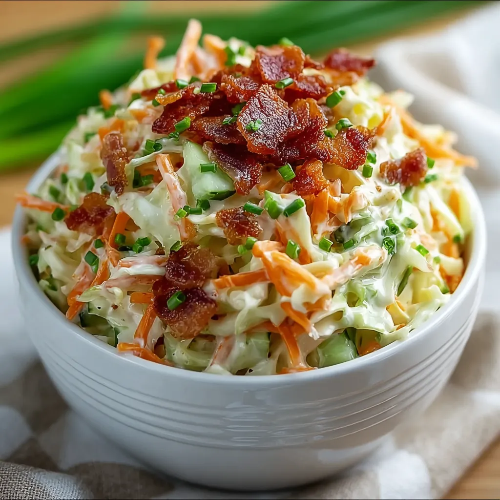 A bowl of creamy bacon ranch coleslaw.