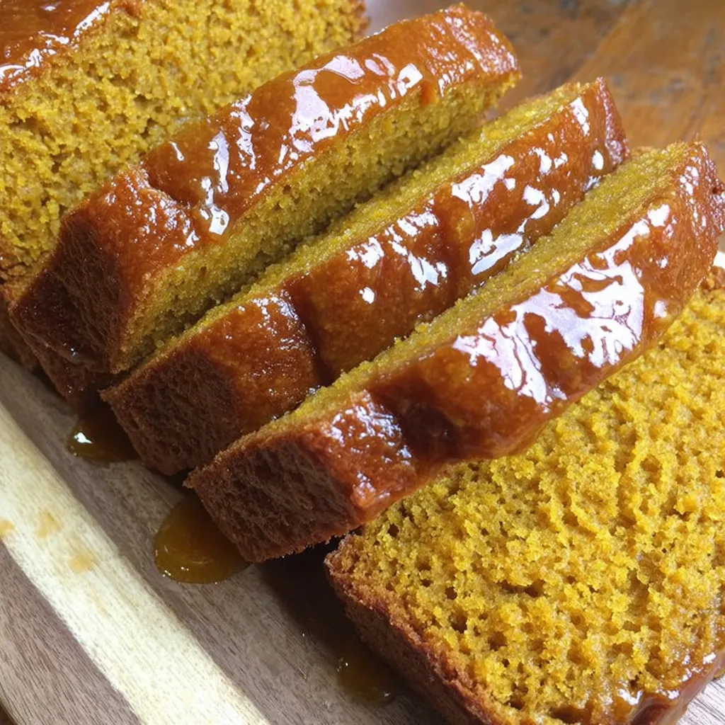 Two slices of pumpkin bread on a wooden table.