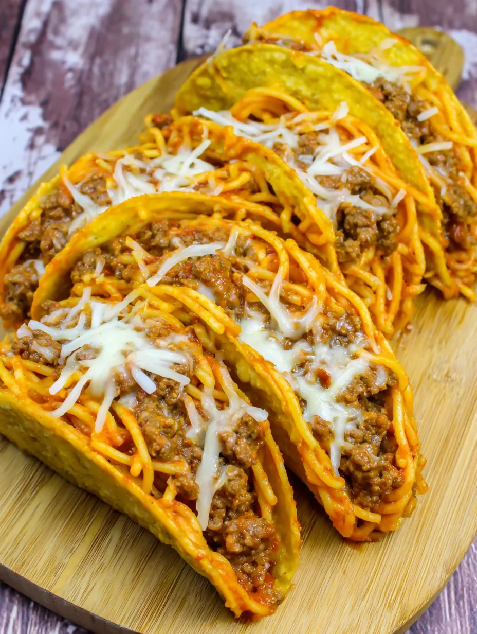Spaghetti tacos on a wooden table.