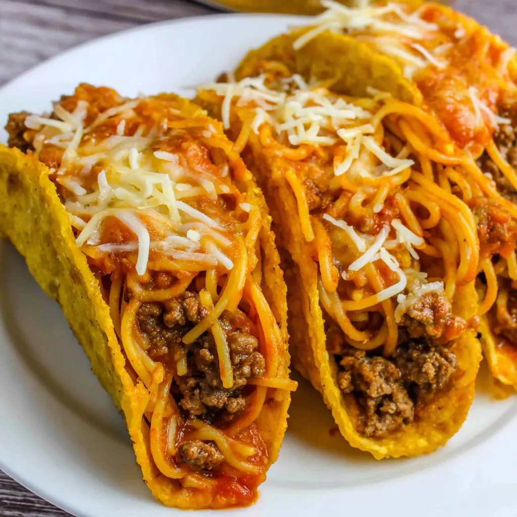 Two spaghetti tacos on a plate.