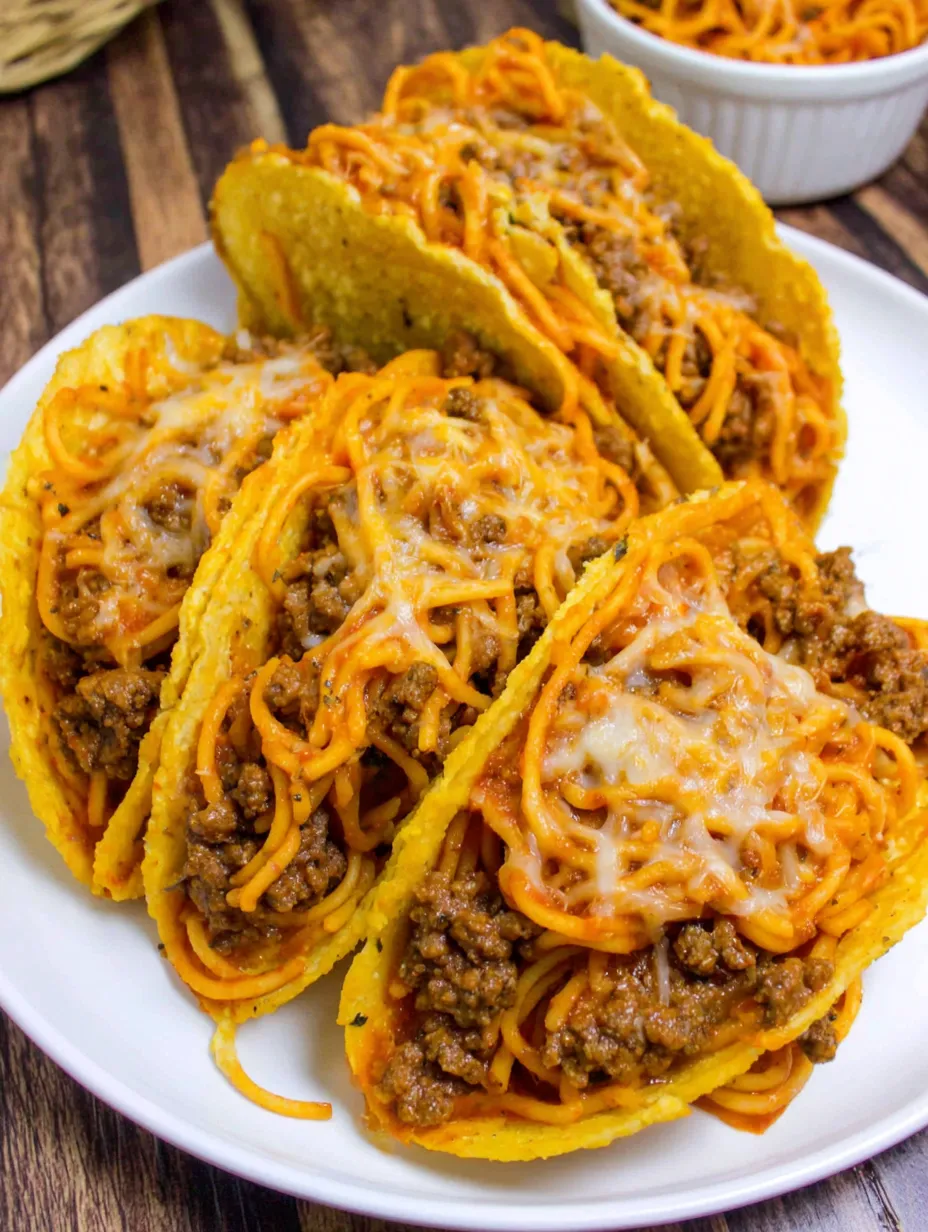 Spaghetti tacos on a plate.