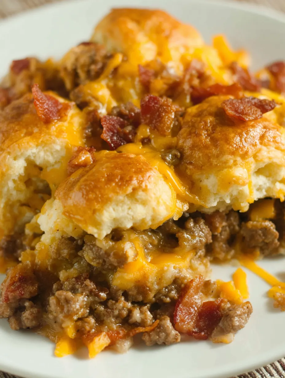 A close up of a bacon cheeseburger biscuit casserole.