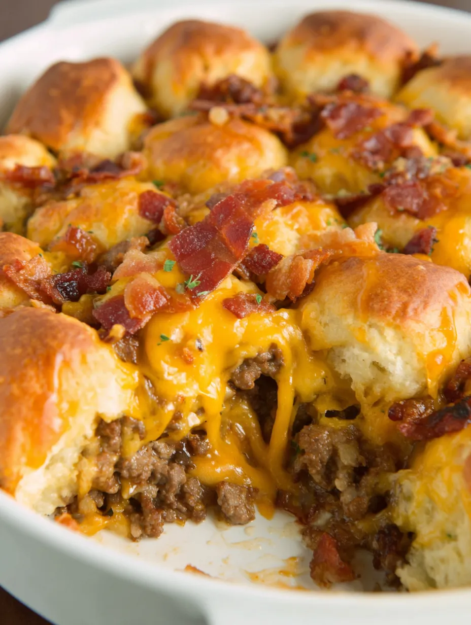A close up of a bacon cheeseburger biscuit casserole.
